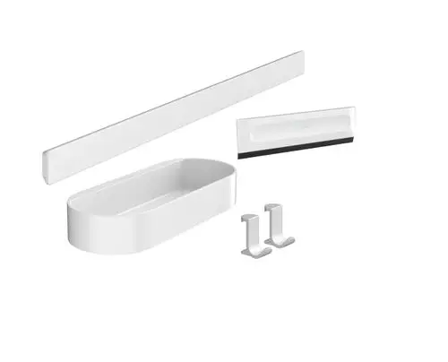 Weißes Badezimmeraccessoire-Set bestehend aus einer ovalen Ablage, einer Wandstütze, einem Wischer und zwei Haken.